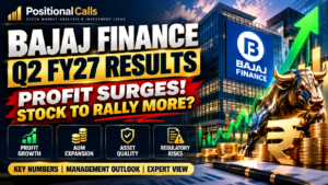 Bajaj Finance Q2 FY27 results thumbnail featuring profit growth, stock outlook, financial charts and PositionalCalls branding.