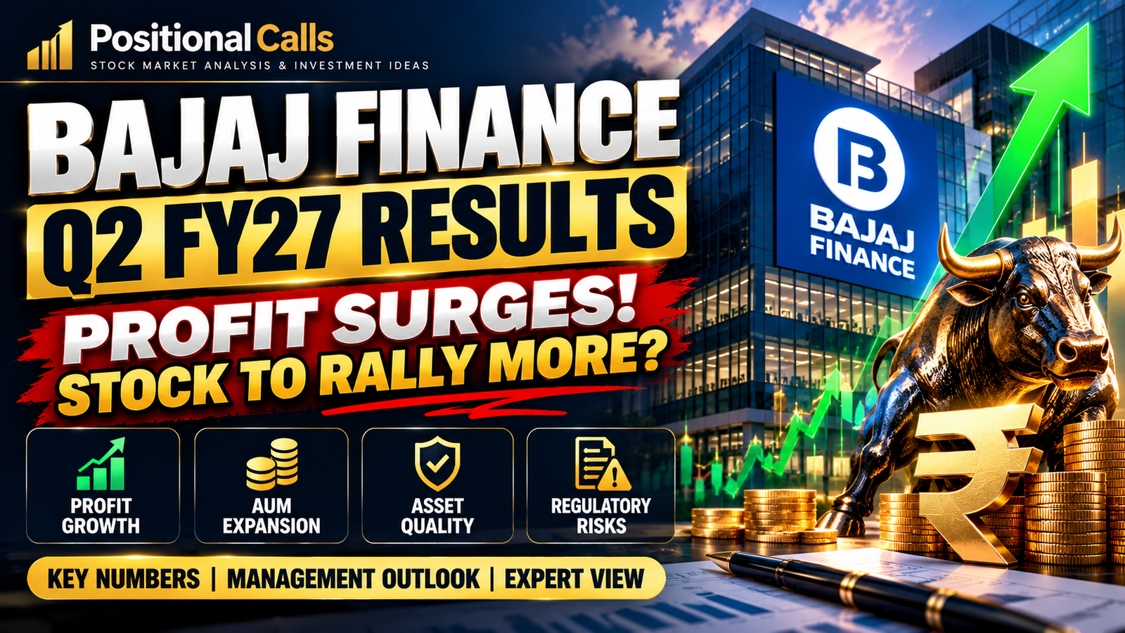 Bajaj Finance Q2 FY27 results thumbnail featuring profit growth, stock outlook, financial charts and PositionalCalls branding.